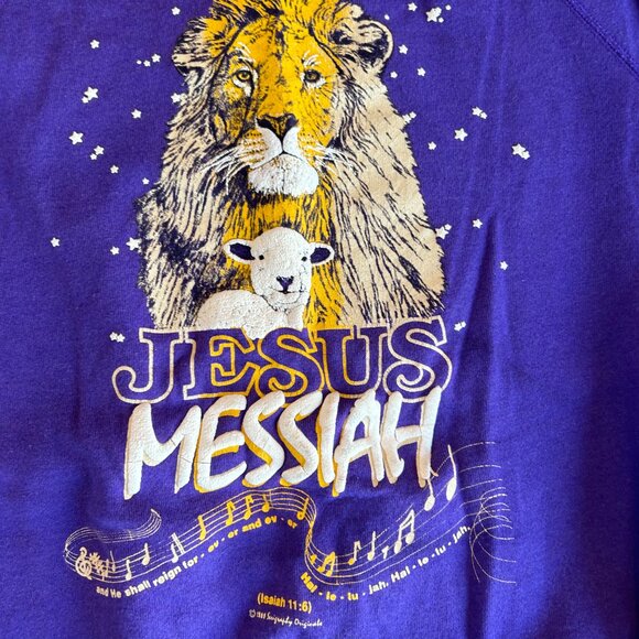 vtg 80s Jesus Messiah purple crewneck sweatshirt size L puff paint double sided - Picture 2 of 14